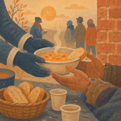 Hands Serving Soup to Homeless Neighbor