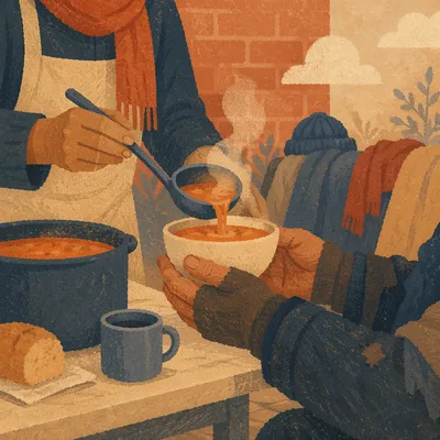 Compassionate Hands Serving Soup Outdoors