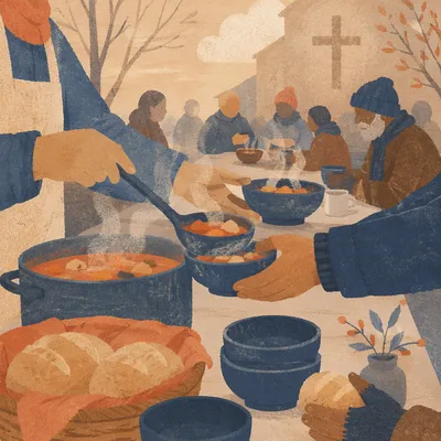 Volunteers Serving Warm Meal in Church Courtyard