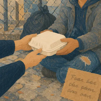 Compassionate Food Handoff on City Sidewalk
