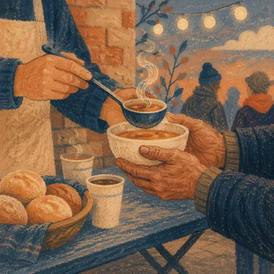 Compassionate Hands Serving Soup at Dusk