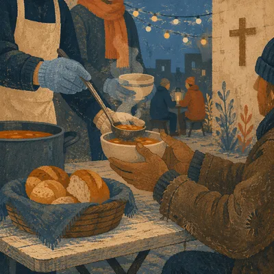Volunteers Serving Soup With Christian Compassion
