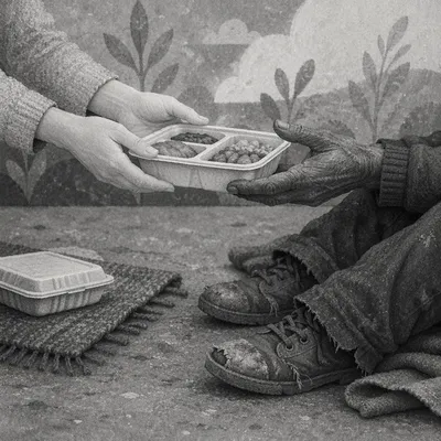 Compassionate Hands Serving Meal to Homeless Neighbor