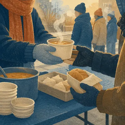 Volunteers Serving Warm Meals Outdoors