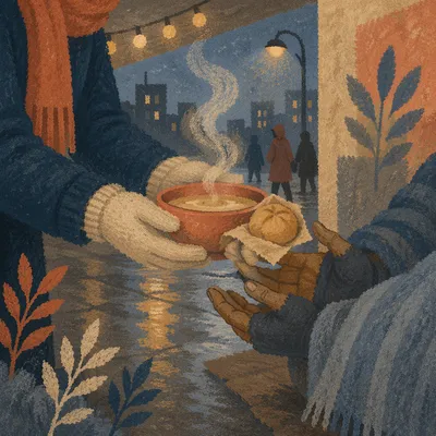 Compassionate Hands Serving Soup at Dusk