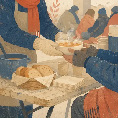 Volunteers Serving Warm Meal to Homeless