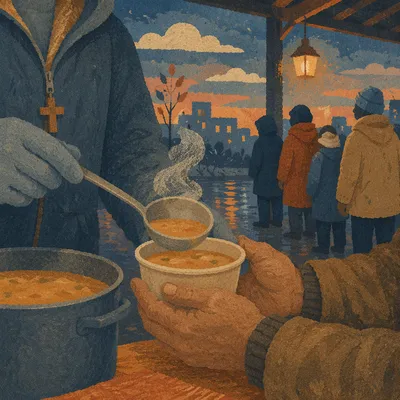 Compassionate Hands Serving Soup at Dusk