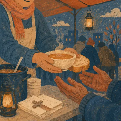 Compassionate Hands Serving Soup at Dusk