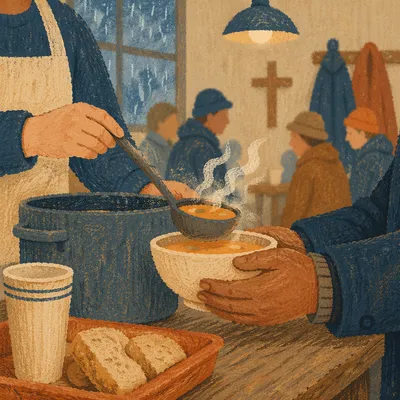 Volunteer Hands Serving Soup in Community Hall