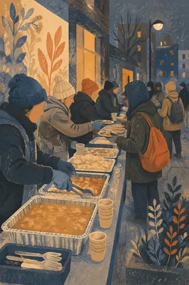 Hands Serving Warm Meals on City Sidewalk