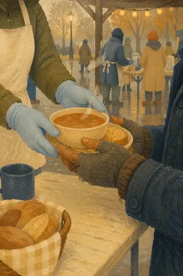Compassionate Hands Serving Soup and Bread