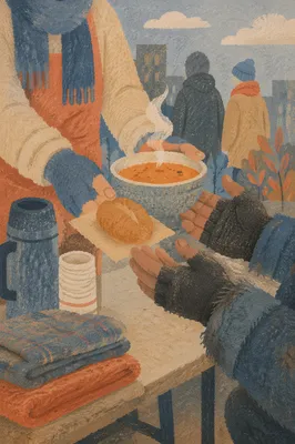 Compassionate Hands Serving Soup Outdoors