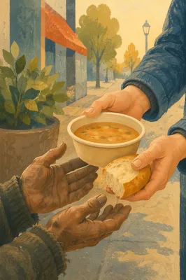 Compassionate Hands Serving Soup and Bread