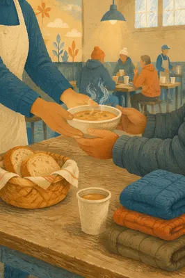 Compassionate Hands Serving Soup to Homeless Guest