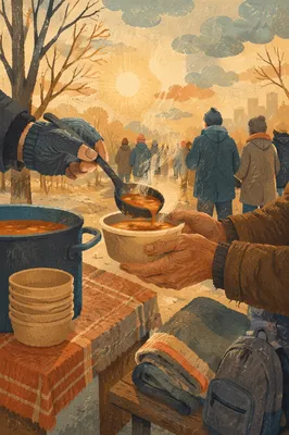 Compassionate Hands Serving Soup Outdoors