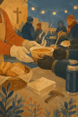 Volunteers Serving Warm Meals at Dusk