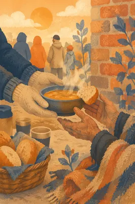 Hands Serving Soup with Compassion