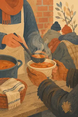 Compassionate Hands Serving Soup Outdoors