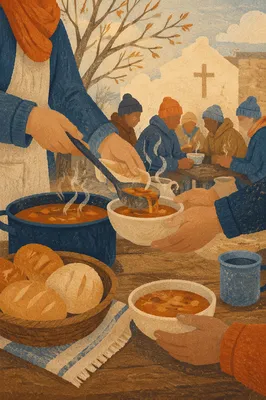 Church Volunteers Serving Warm Meals Outdoors