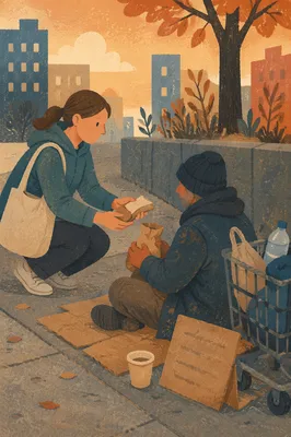 Compassionate Hands Offering Food on Sidewalk