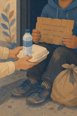 Compassionate Hands Serving Meal on Sidewalk