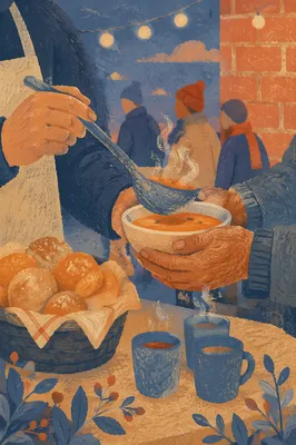 Compassionate Hands Serving Soup at Dusk