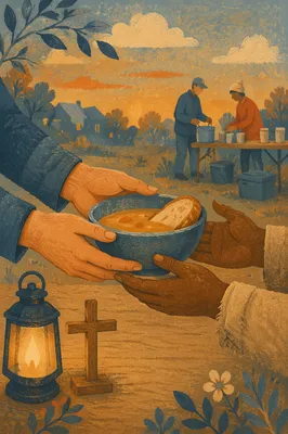 Compassionate Hands Serving Soup at Dusk