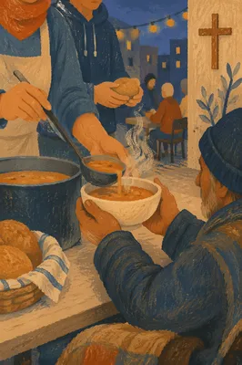 Volunteers Serving Soup with Christian Compassion