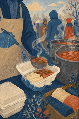 Volunteer Hands Serving Stew to the Homeless