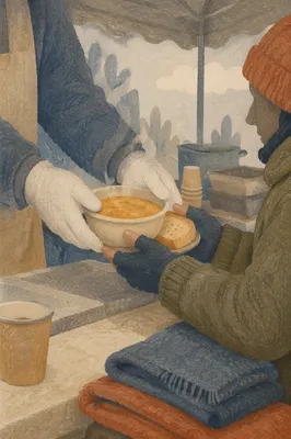Compassionate Hands Serving Soup Outdoors