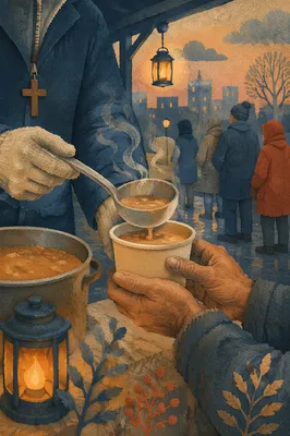 Compassionate Hands Serving Soup at Dusk