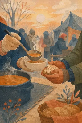 Compassionate Hands Serving Soup at Sunrise