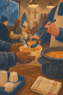 Volunteer Hands Serving Soup in Community Hall