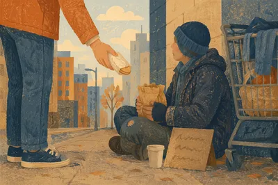 Compassionate Food Handoff on City Sidewalk