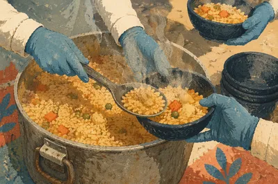 Volunteers Serving Hot Meals Outdoors