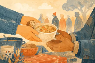 Compassionate Hands Serving Warm Meal Outdoors