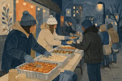 Hands Serving Warm Meals on City Sidewalk