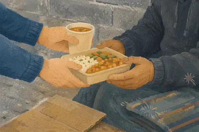 Hands Serving Warm Meals to the Homeless