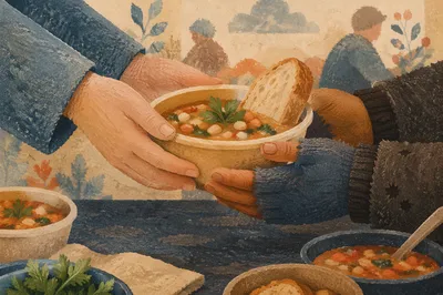 Compassionate Hands Serving Soup Outdoors
