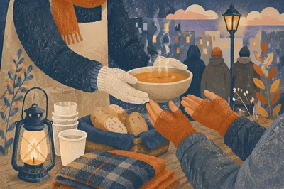 Compassionate Hands Serving Soup on City Sidewalk