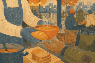 Compassionate Hands Serving Soup and Bread