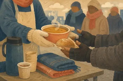 Compassionate Hands Serving Soup on City Morning
