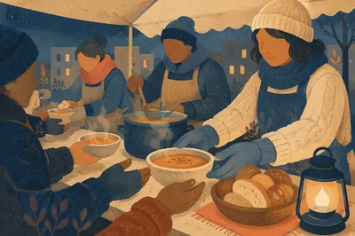 Compassionate Hands Serving Food at Outreach Table
