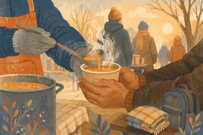 Compassionate Hands Serving Warm Soup Outdoors