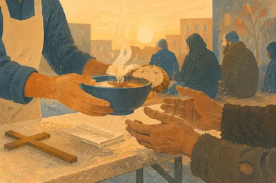 Compassionate Hands Serving Soup at Sunrise