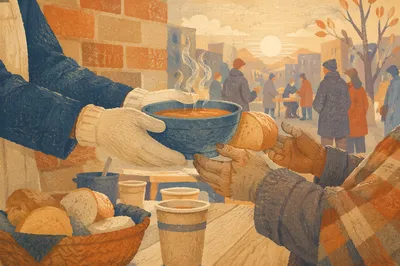 Compassionate Hands Serving Soup at Sunrise