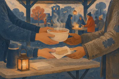 Compassionate Hands Serving Soup at Dusk