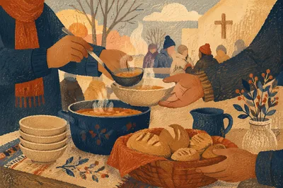 Volunteers Serving Warm Meal in Church Courtyard