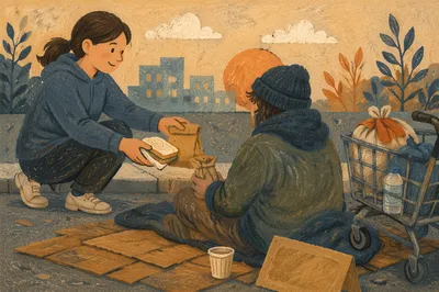 Compassionate Hands Offering Food on Sidewalk