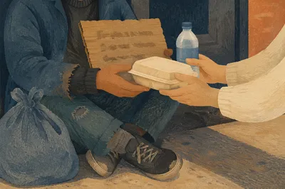 Compassionate Hands Serving Food on Sidewalk